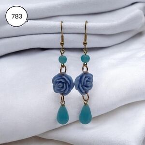 Blue Rose Drop Earrings with Teal Beads – Gold Hook Floral Dangle Jewelry